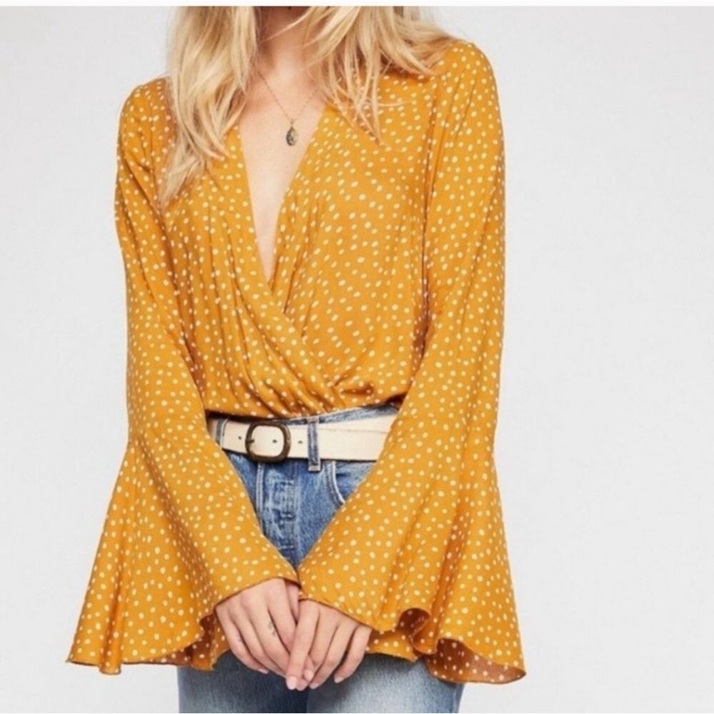 Free People Intimately Makin' Waves Bell Sleeve Bodysuit in Mustard Yellow